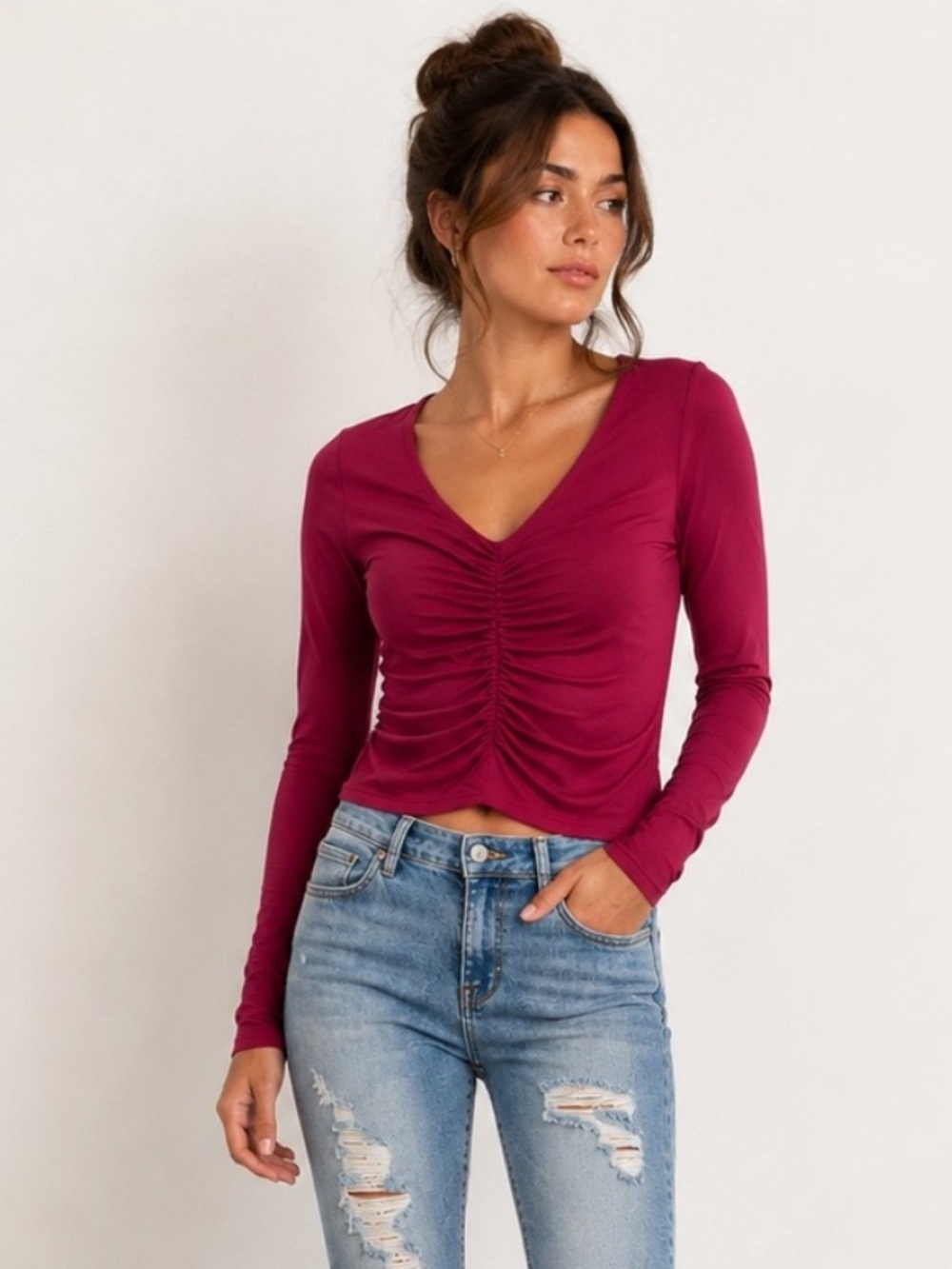 Gaze Burgundy Ruched Long Sleeve V-Neck Crop Top Size Small